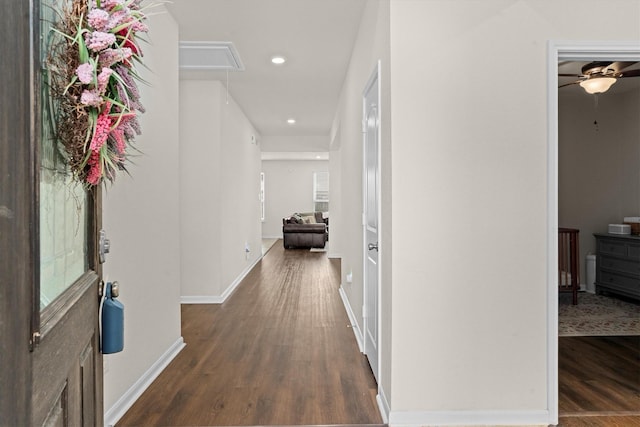 25419 Whitehaven Gate St, Katy, TX 77493 - corridor with attic access, wood finished floors, baseboards, and recessed lighting
