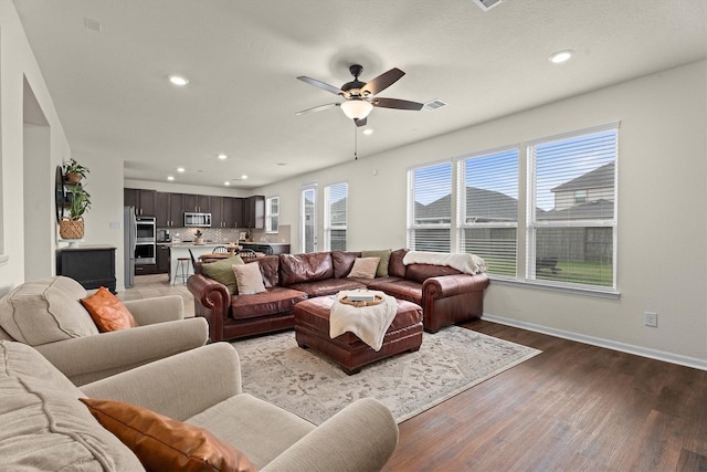 25419 Whitehaven Gate St, Katy, TX 77493 - living room with recessed lighting, ceiling fan, wood finished floors, and baseboards