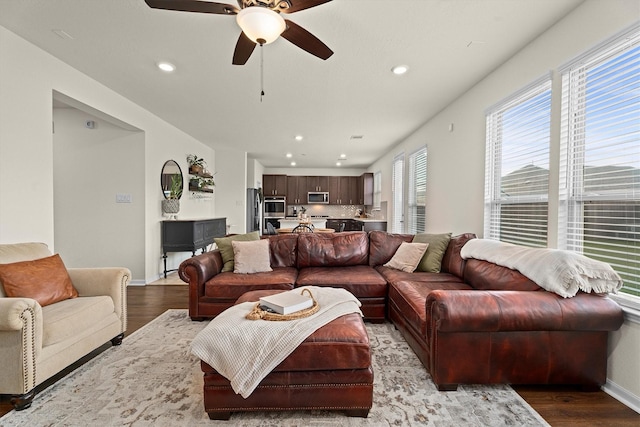 25419 Whitehaven Gate St, Katy, TX 77493 - living room with wood finished floors, recessed lighting, a ceiling fan, and baseboards