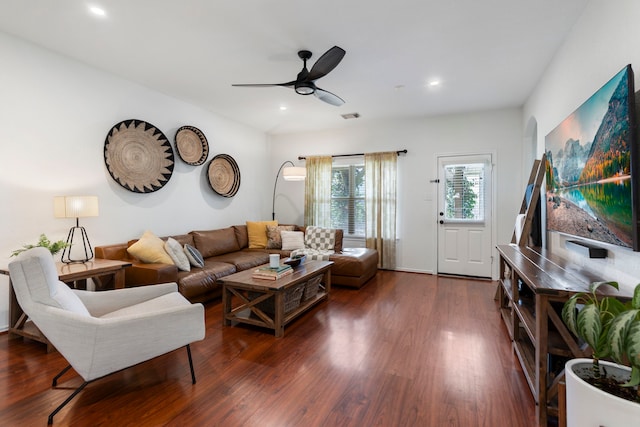 6103 Moran Crest Dr, Spring, TX 77388 - living area with dark wood finished floors, a ceiling fan, and recessed lighting