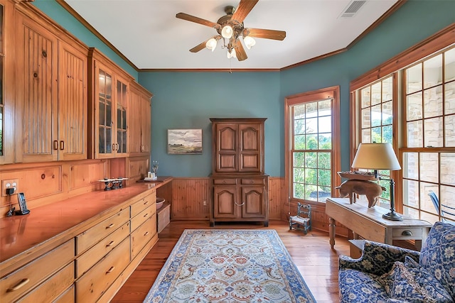 5318 Westerham St, Fulshear, TX 77441 - office space featuring wood finished floors, ceiling fan, a wainscoted wall, and ornamental molding