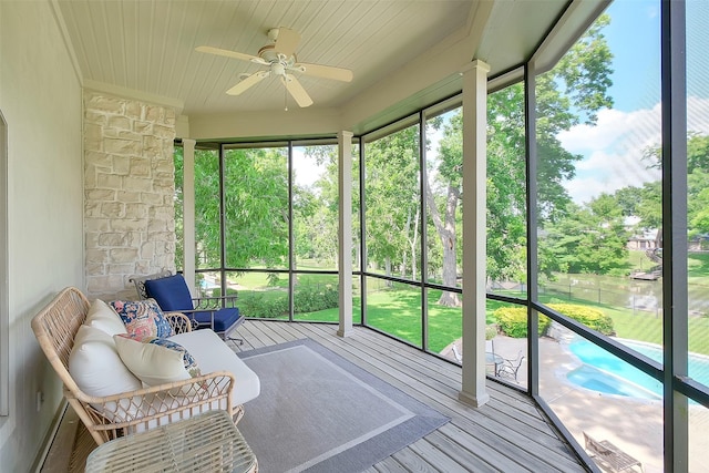 5318 Westerham St, Fulshear, TX 77441 - sunroom featuring ceiling fan and outdoor lounge area