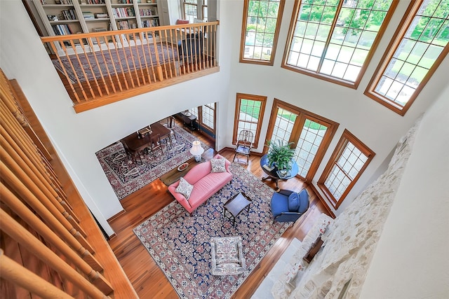5318 Westerham St, Fulshear, TX 77441 - living room with wood finished floors, a high ceiling, and plenty of natural light