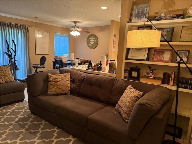 2120 El Paseo St Unit 209, Houston, TX 77054 - living area featuring a textured ceiling, a ceiling fan, and ornamental molding