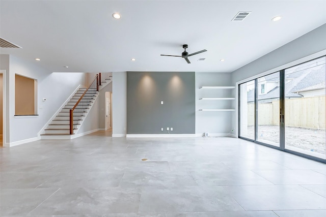 6522 Westview Dr, Houston, TX 77055 - unfurnished living room with stairs, recessed lighting, a ceiling fan, and baseboards