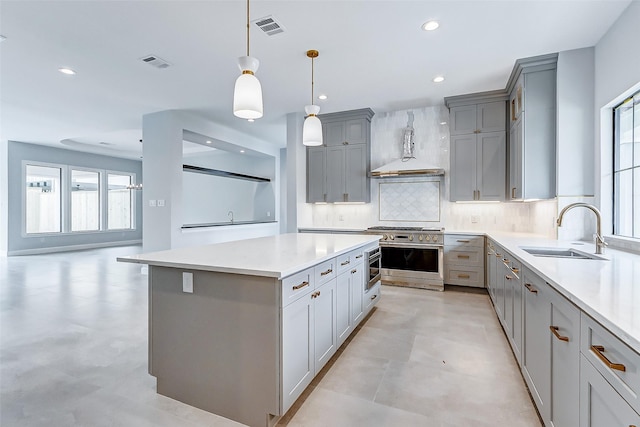 6522 Westview Dr, Houston, TX 77055 - kitchen featuring gray cabinetry, a sink, custom exhaust hood, decorative backsplash, and range with two ovens