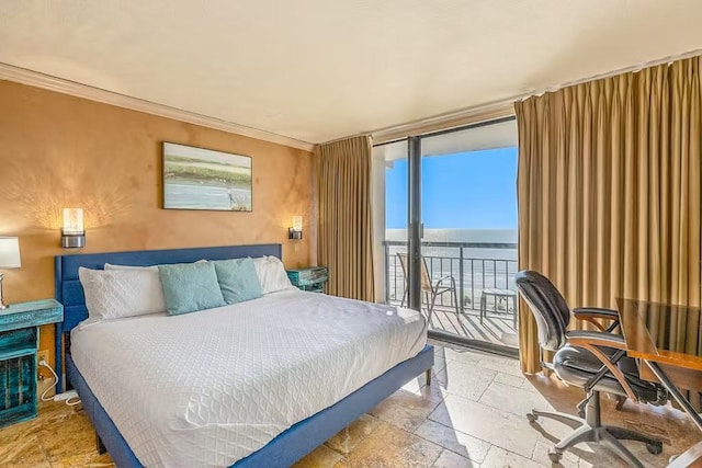 5220 Seawall Blvd Unit 1035, Galveston, TX 77551 - bedroom with stone tile floors, access to outside, a water view, ornamental molding, and an office area
