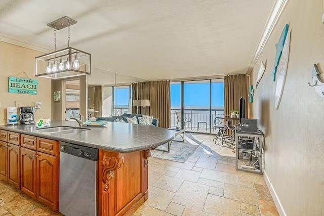 5220 Seawall Blvd Unit 1035, Galveston, TX 77551 - kitchen with dishwasher, stone tile floors, a sink, brown cabinetry, and crown molding