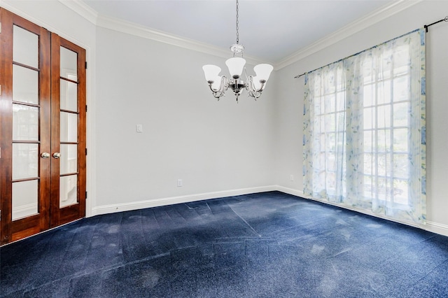22110 Stone Cross Ct, Katy, TX 77450 - empty room featuring french doors, a chandelier, ornamental molding, dark colored carpet, and baseboards
