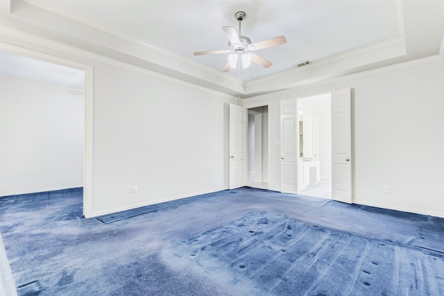 22110 Stone Cross Ct, Katy, TX 77450 - empty room with carpet floors, a tray ceiling, a ceiling fan, crown molding, and baseboards