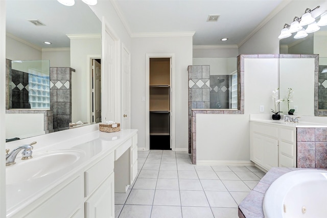 22110 Stone Cross Ct, Katy, TX 77450 - bathroom with two vanities, walk in shower, a jetted tub, tile patterned floors, and baseboards
