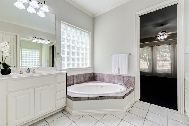 22110 Stone Cross Ct, Katy, TX 77450 - bathroom with a garden tub, tile patterned flooring, vanity, ornamental molding, and ceiling fan