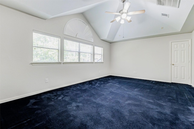 22110 Stone Cross Ct, Katy, TX 77450 - spare room with ceiling fan, plenty of natural light, dark carpet, vaulted ceiling, and baseboards