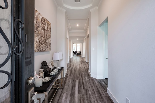 4423 Sterling Heights Ln, Sugar Land, TX 77479 - hallway featuring dark wood-style floors, ornamental molding, and baseboards