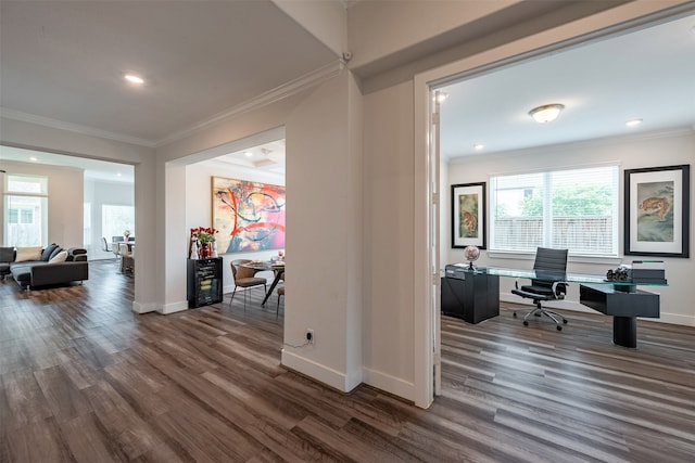 4423 Sterling Heights Ln, Sugar Land, TX 77479 - home office featuring plenty of natural light, dark wood finished floors, baseboards, crown molding, and recessed lighting