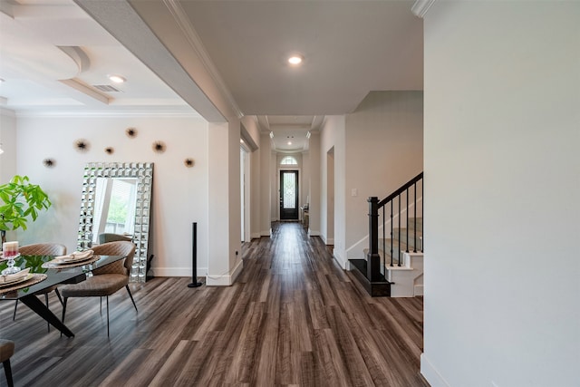 4423 Sterling Heights Ln, Sugar Land, TX 77479 - entrance foyer with dark wood-style floors, stairs, baseboards, recessed lighting, and crown molding
