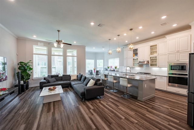 4423 Sterling Heights Ln, Sugar Land, TX 77479 - living room featuring dark wood-style floors, plenty of natural light, a ceiling fan, ornamental molding, and recessed lighting