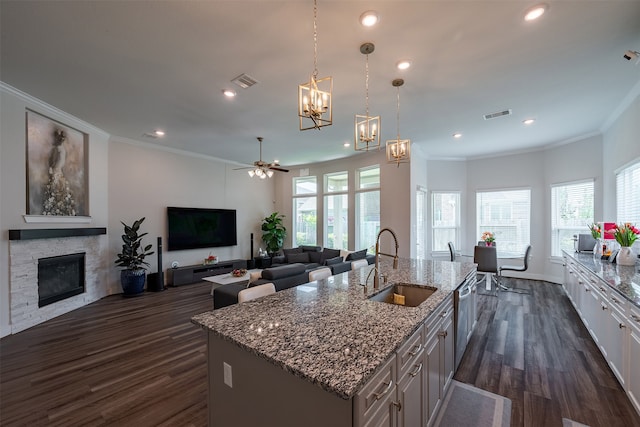 4423 Sterling Heights Ln, Sugar Land, TX 77479 - kitchen featuring a sink, dishwasher, dark wood-style flooring, an island with sink, and a ceiling fan