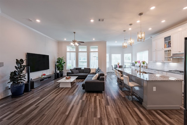 4423 Sterling Heights Ln, Sugar Land, TX 77479 - living room featuring dark wood-style floors, a chandelier, crown molding, and recessed lighting