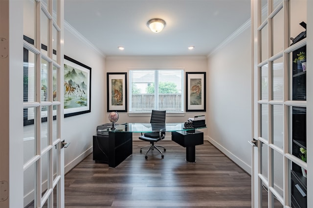 4423 Sterling Heights Ln, Sugar Land, TX 77479 - home office with ornamental molding, french doors, dark wood-style flooring, baseboards, and recessed lighting