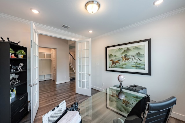 4423 Sterling Heights Ln, Sugar Land, TX 77479 - office area with french doors, baseboards, wood finished floors, ornamental molding, and recessed lighting