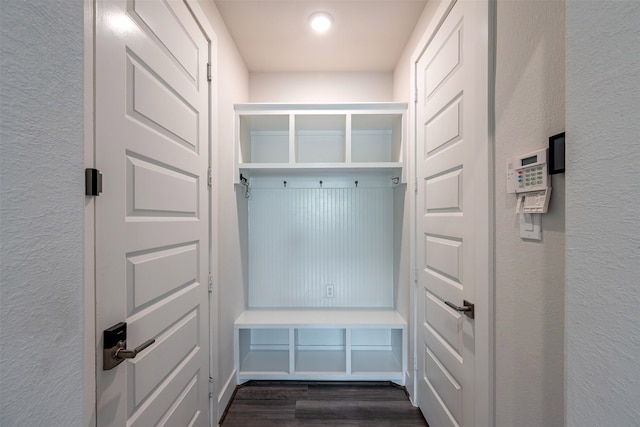 4423 Sterling Heights Ln, Sugar Land, TX 77479 - mudroom featuring dark wood-style flooring and a textured wall