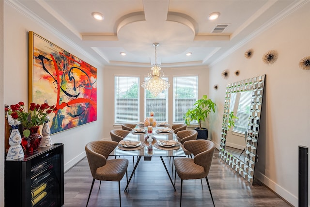 4423 Sterling Heights Ln, Sugar Land, TX 77479 - dining space with a chandelier, ornamental molding, dark wood-style floors, baseboards, and recessed lighting