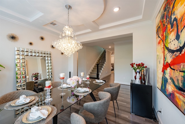 4423 Sterling Heights Ln, Sugar Land, TX 77479 - dining room featuring stairs, a chandelier, wood finished floors, ornamental molding, and recessed lighting