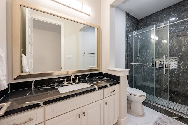 4423 Sterling Heights Ln, Sugar Land, TX 77479 - bathroom featuring vanity, a marble finish shower, toilet, and marble look tile flooring