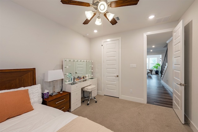 4423 Sterling Heights Ln, Sugar Land, TX 77479 - carpeted bedroom with recessed lighting, baseboards, ceiling fan, and an office area