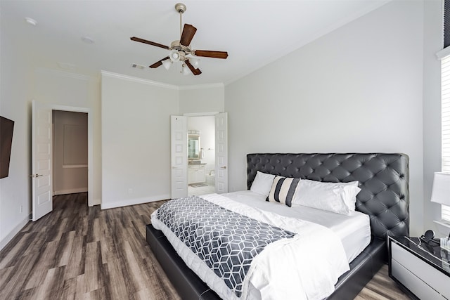4423 Sterling Heights Ln, Sugar Land, TX 77479 - bedroom featuring wood finished floors, ornamental molding, multiple windows, ceiling fan, and baseboards
