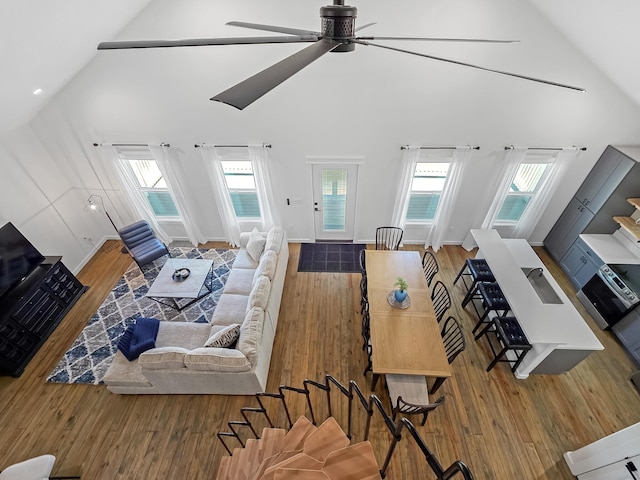 1025 Sunset Cir W, Crystal Beach, TX 77650 - living area featuring high vaulted ceiling, wood finished floors, a ceiling fan, and healthy amount of natural light