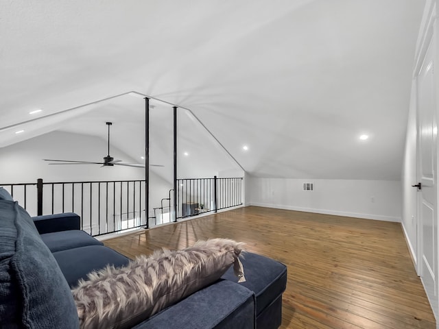 1025 Sunset Cir W, Crystal Beach, TX 77650 - living area featuring ceiling fan, lofted ceiling, hardwood / wood-style flooring, and recessed lighting
