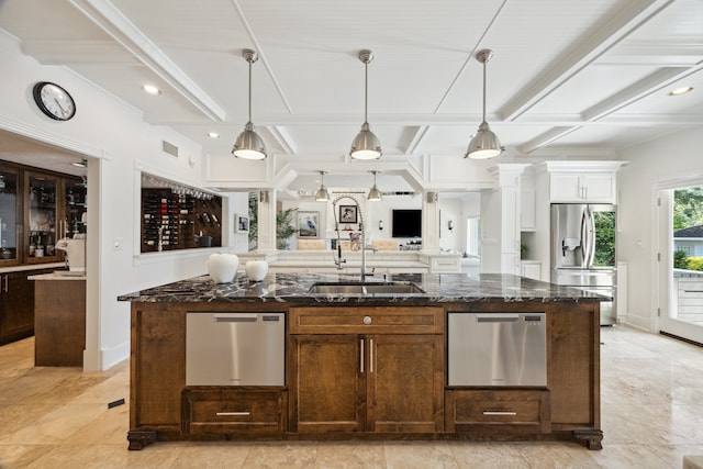 1917 Anchor Way, Dickinson, TX 77539 - kitchen with stainless steel appliances, a sink, a kitchen island with sink, coffered ceiling, and dark stone countertops