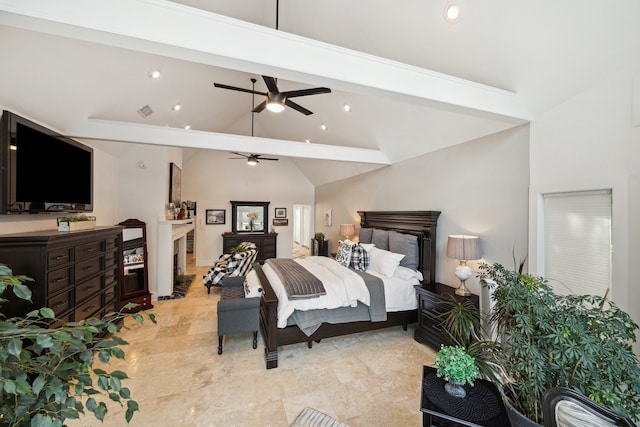 1917 Anchor Way, Dickinson, TX 77539 - bedroom featuring a fireplace, beamed ceiling, high vaulted ceiling, and recessed lighting