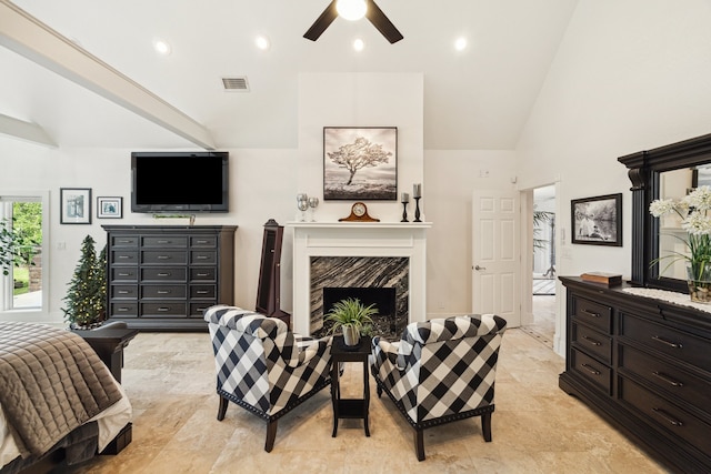 1917 Anchor Way, Dickinson, TX 77539 - bedroom featuring a fireplace, a ceiling fan, and high vaulted ceiling