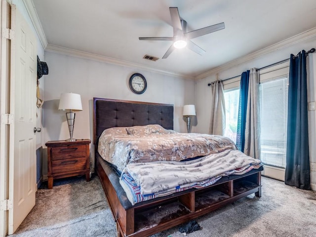 674 Ravensworth Dr, Conroe, TX 77302 - bedroom with carpet flooring, crown molding, and a ceiling fan