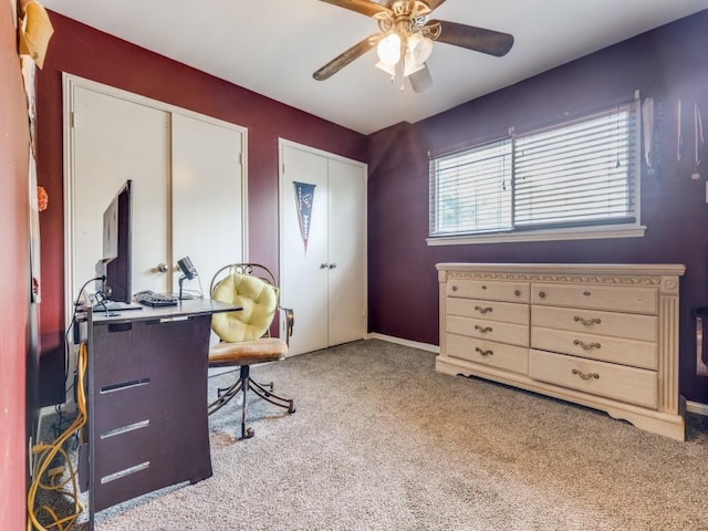 674 Ravensworth Dr, Conroe, TX 77302 - office area featuring carpet flooring, ceiling fan, and baseboards