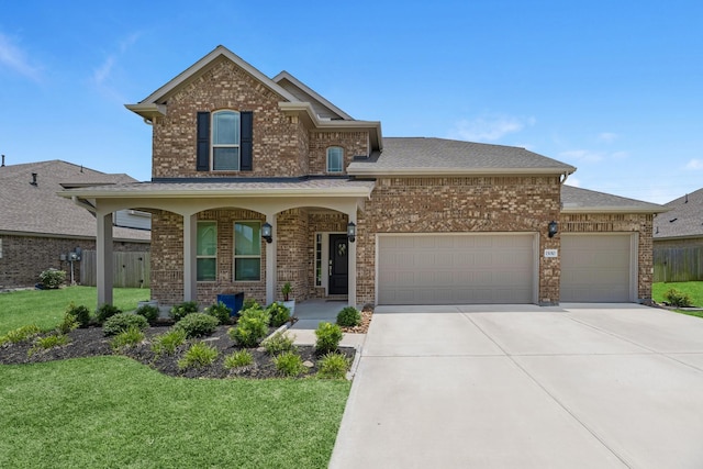 15010 Lake Shore Ave, Mont Belvieu, TX 77523 - traditional-style home featuring an attached garage, brick siding, concrete driveway, and a shingled roof