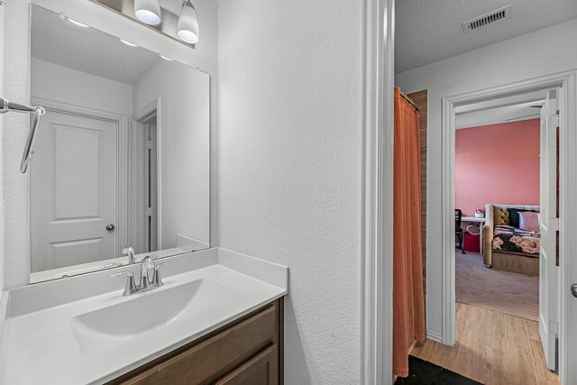 15010 Lake Shore Ave, Mont Belvieu, TX 77523 - full bathroom featuring vanity, wood finished floors, a textured wall, and a shower with shower curtain