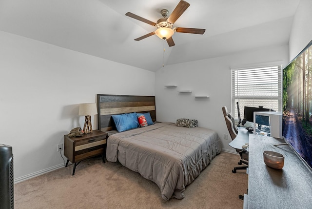 15010 Lake Shore Ave, Mont Belvieu, TX 77523 - carpeted bedroom featuring lofted ceiling, baseboards, an office area, and a ceiling fan