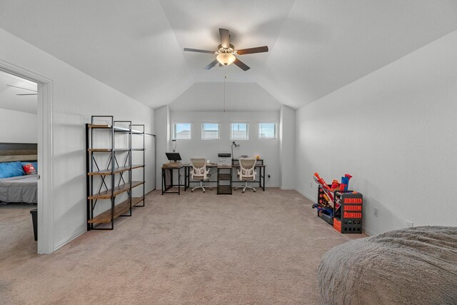 15010 Lake Shore Ave, Mont Belvieu, TX 77523 - playroom with ceiling fan, a desk, light colored carpet, vaulted ceiling, and baseboards