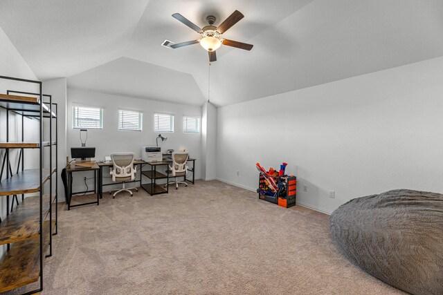 15010 Lake Shore Ave, Mont Belvieu, TX 77523 - carpeted home office featuring a ceiling fan, lofted ceiling, and baseboards
