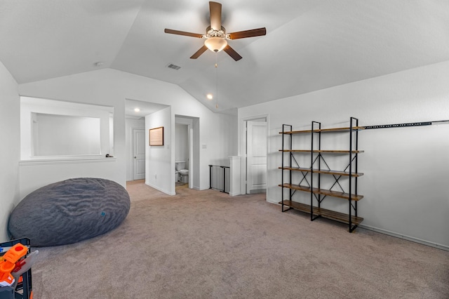 15010 Lake Shore Ave, Mont Belvieu, TX 77523 - additional living space featuring a ceiling fan, vaulted ceiling, and carpet flooring