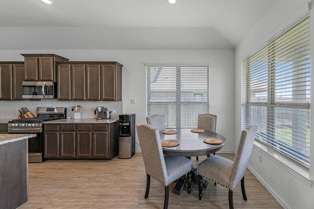 15010 Lake Shore Ave, Mont Belvieu, TX 77523 - kitchen featuring appliances with stainless steel finishes, vaulted ceiling, plenty of natural light, dark brown cabinets, and light wood-style flooring