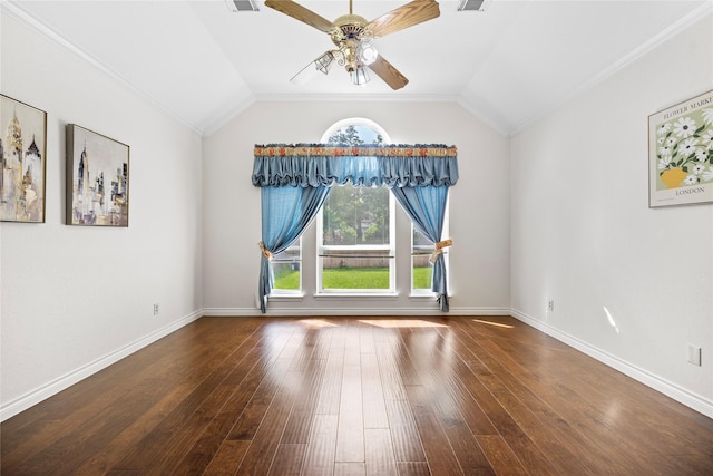 1711 Alcorn Bayou Dr, Sugar Land, TX 77479 - empty room with a ceiling fan, dark wood-style flooring, vaulted ceiling, and baseboards