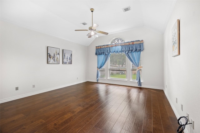 1711 Alcorn Bayou Dr, Sugar Land, TX 77479 - unfurnished room featuring vaulted ceiling, ceiling fan, crown molding, dark wood-style flooring, and baseboards