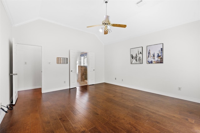 1711 Alcorn Bayou Dr, Sugar Land, TX 77479 - empty room with lofted ceiling, ornamental molding, ceiling fan, dark wood finished floors, and baseboards