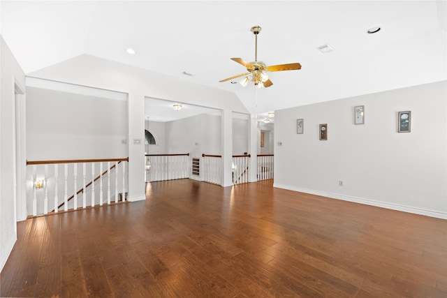 1711 Alcorn Bayou Dr, Sugar Land, TX 77479 - unfurnished living room featuring ceiling fan, hardwood / wood-style floors, lofted ceiling, and baseboards