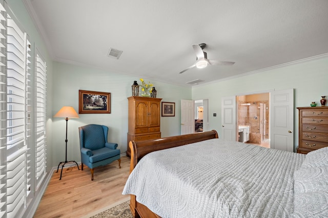 20306 Silverwood Trl, Cypress, TX 77433 - bedroom with light wood-style flooring, ornamental molding, connected bathroom, ceiling fan, and baseboards